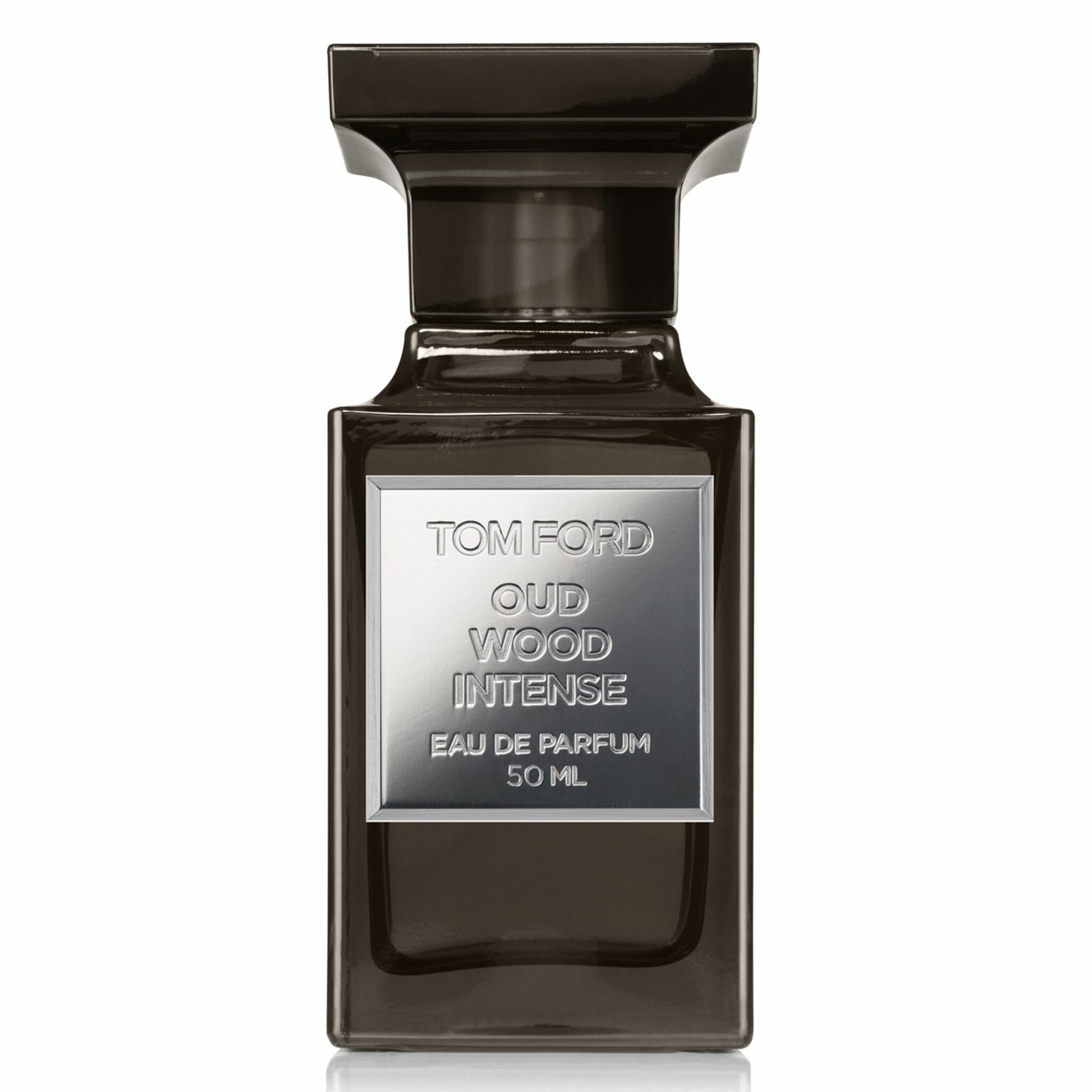Tom Ford Oud Wood Intense Eau de Parfum 50 ML dark brown glass bottle featuring a metallic silver label with embossed lettering and a sculptural black cap presented on a reflective white surface