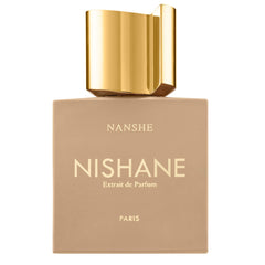 Nishane NANSHE Extrait de Parfum bottle from Paris featuring a matte beige rectangular body and a distinct shiny golden geometric cap