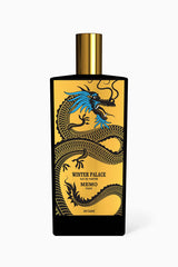 MEMO PARIS Winter Palace Eau de Parfum from Paris in a black rectangular bottle with a gold label featuring a stylized black and blue oriental dragon and a gleaming gold cap