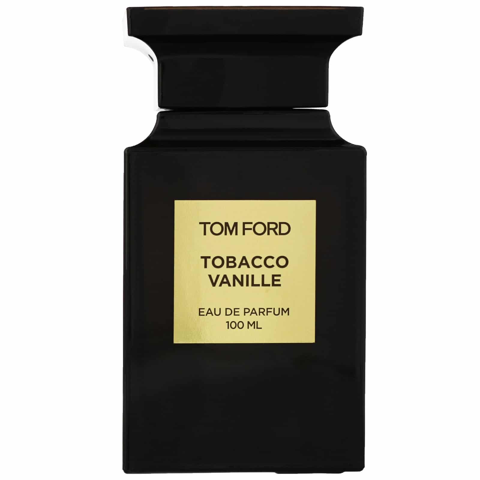 Digital photograph of a Tom Ford Tobacco Vanille Eau de Parfum 100ml bottle, a studio shot featuring a rectangular black bottle with an ornate cap and a gold label displaying the fragrance name and volume