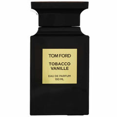 Digital photograph of a Tom Ford Tobacco Vanille Eau de Parfum 100ml bottle, a studio shot featuring a rectangular black bottle with an ornate cap and a gold label displaying the fragrance name and volume