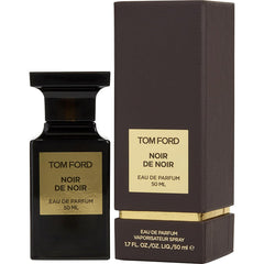 Tom Ford Noir de Noir Eau de Parfum in a sleek black 50ml glass bottle with a prominent gold label, standing next to its textured dark brown and gold branded box