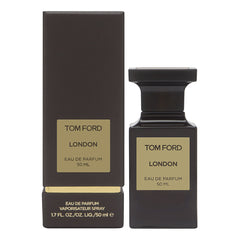 Product photo, Tom Ford London Eau de Parfum, showcasing a sleek dark brown rectangular bottle with a gold label alongside its matching packaging box, both displaying "50 mL" and "Vaporisateur Spray"