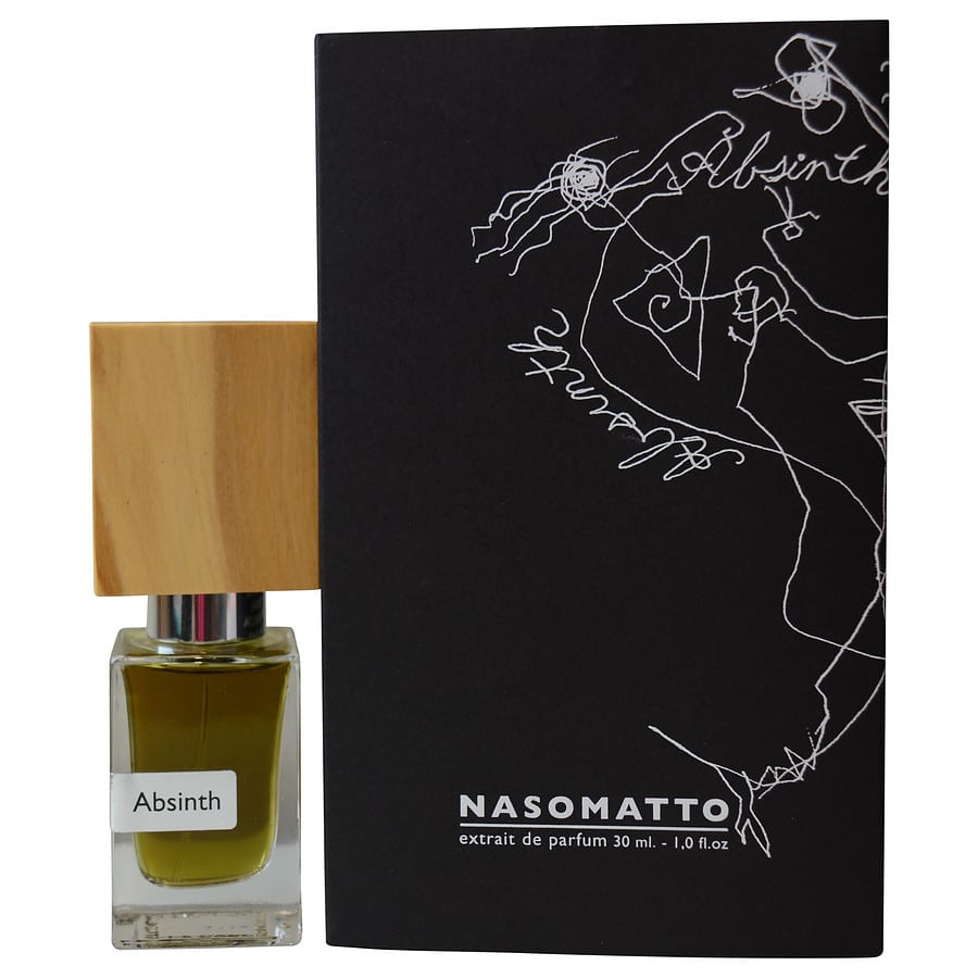 Nasomatto Absinth Extrait de Parfum bottle with olive green liquid and natural wood cap next to its black box featuring white abstract line art and brand text on a clean white background