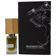 Nasomatto Absinth Extrait de Parfum bottle with olive green liquid and natural wood cap next to its black box featuring white abstract line art and brand text on a clean white background