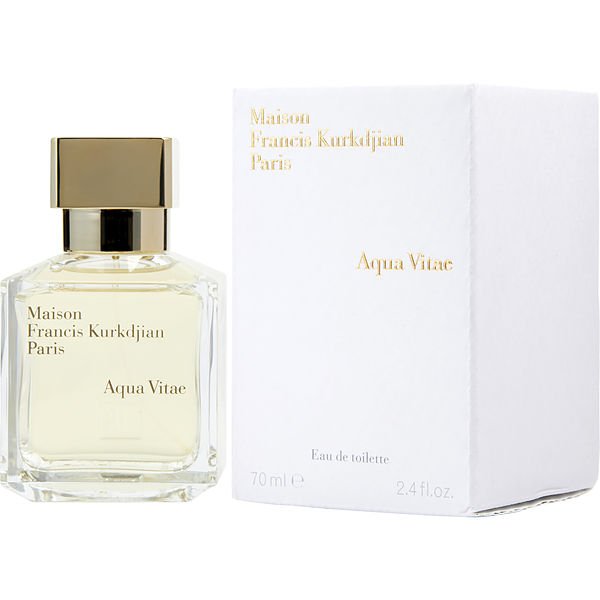 Maison Francis Kurkdjian Paris Aqua Vitae Eau de Toilette fragrance shown in a clear rectangular glass bottle with a gold cap and its accompanying white minimalist box, both adorned with gold lettering, specifying a 70 ml 2.4 fl.oz volume