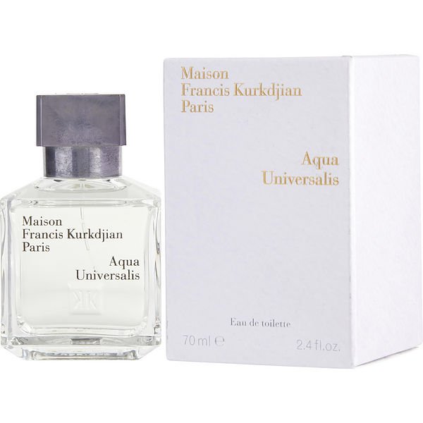 Maison Francis Kurkdjian Aqua Universalis Eau de toilette presented in a clear rectangular glass bottle with a metallic gray cap alongside its white box featuring elegant gold lettering and 70ml volume