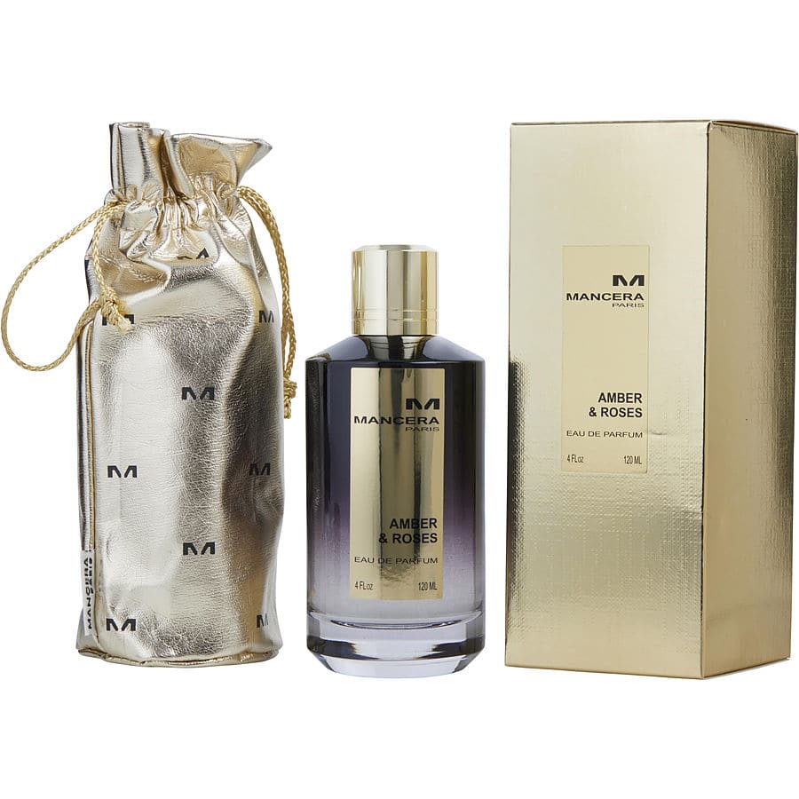 Mancera Amber & Roses Eau de Parfum product image showcasing its dark gradient bottle with a gold cap an elegant gold textured box and a shimmering golden drawstring pouch