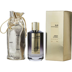 Mancera Amber & Roses Eau de Parfum product image showcasing its dark gradient bottle with a gold cap an elegant gold textured box and a shimmering golden drawstring pouch