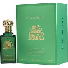 Clive Christian 1872 Masculine Original Collection perfume product photo showing a dark emerald green bottle with a distinctive gold crown stopper and a matching box featuring a prominent gold "1872" crest alongside descriptive text mentioning spicy citrus and clary sage notes