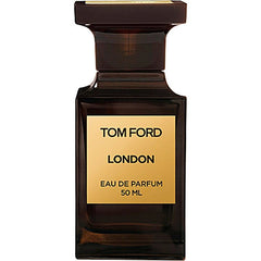 Product photography, Tom Ford, depicting a dark amber glass London Eau de Parfum 50 ML bottle with a gold label displaying TOM FORD LONDON EAU DE PARFUM 50 ML and a distinctive dark rectangular cap