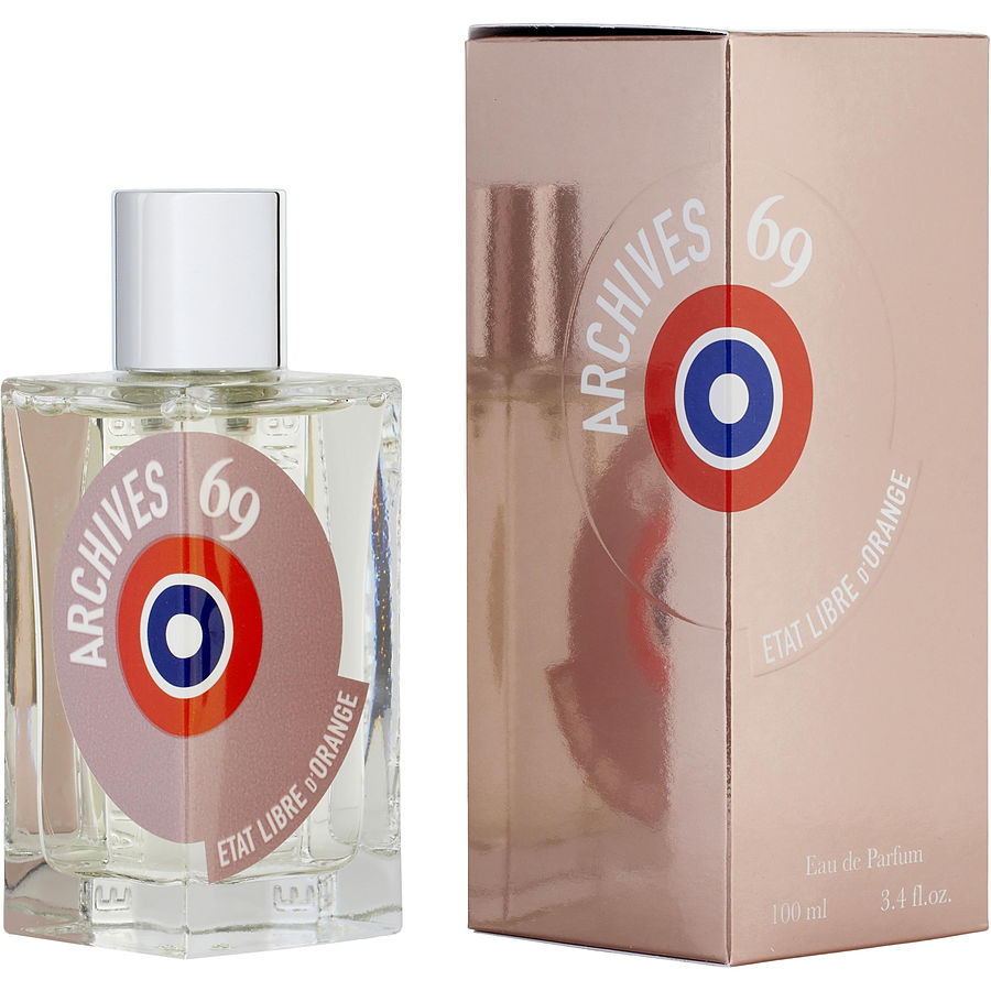 Etat Libre d'Orange Archives 69 Eau de Parfum clear glass bottle with white cap and pinkish-brown label featuring a red white and blue target symbol beside a metallic rose gold box displaying the same design