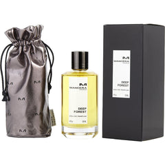 Mancera perfume Deep Forest Eau de Parfum displayed with its clear bottle containing golden yellow liquid, a shiny metallic grey drawstring pouch, and a black presentation box