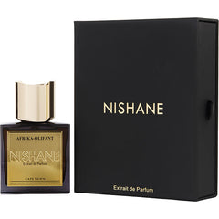 Nishane Afrika-Olifant Extrait de Parfum featuring a dark rectangular bottle with a gold label proclaiming "Cape Town", a shiny gold cap, and its accompanying black box with elegant gold branding