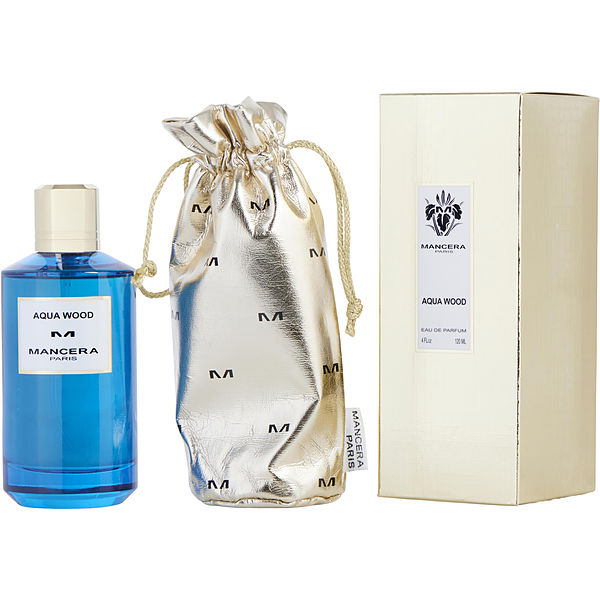 Product photography of Mancera Paris Aqua Wood Eau de Parfum set showcasing a vivid blue fragrance bottle with a gold cap, a metallic gold drawstring pouch adorned with repeating M logos, and a coordinating gold retail box featuring a delicate floral crest