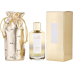Product photograph of Mancera Feminity Eau de Parfum set featuring a shiny gold drawstring pouch, a clear glass bottle with a golden cap, and a matching textured gold box displayed on a white background