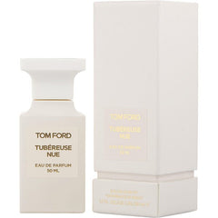 Tom Ford Tubéreuse Nue Eau de Parfum 50 ML bottle and its matching packaging box presented in a studio shot, featuring a distinctive white flared cap and luxurious gold lettering against matte off-white surfaces
