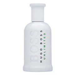 Hugo Boss Unlimited cologne bottle a minimalist white opaque bottle featuring an embossed BOSS logo and vertical black and vibrant green Hugo Boss Unlimited text