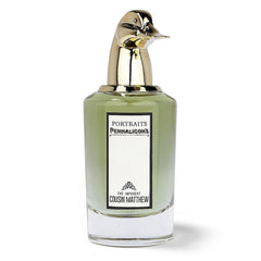 Penhaligon's fragrance bottle for The Impudent Cousin Matthew featuring a unique gold duck head stopper, pale green liquid, and the Portraits label