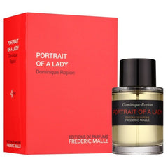 Product photograph of Dominique Ropion's Portrait of a Lady perfume by Editions de Parfums Frederic Malle featuring a vibrant red rectangular box and a clear glass bottle with a black label and golden-hued liquid