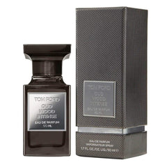 Tom Ford Oud Wood Intense Eau de Parfum 50ml dark brown glass bottle with silver label beside its textured dark grey box on a white studio background