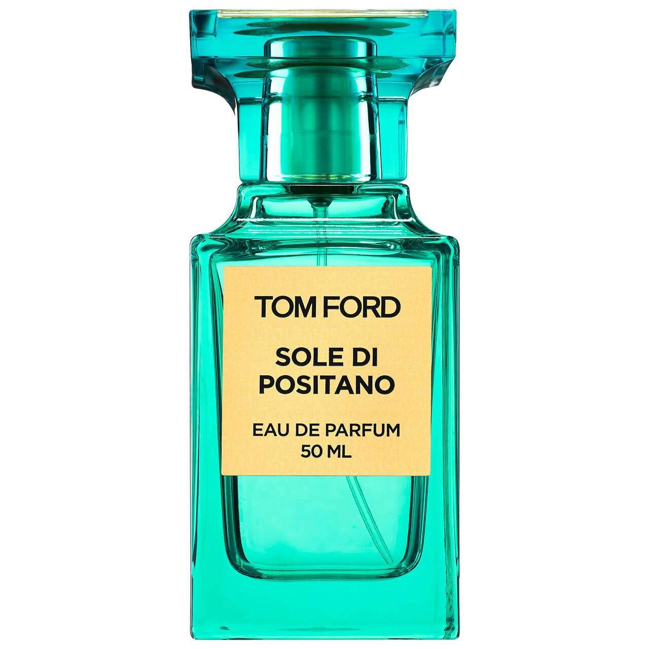 Product photography Tom Ford Sole di Positano Eau de Parfum 50 ml in a vibrant teal rectangular bottle with a clear faceted cap and a bright yellow label