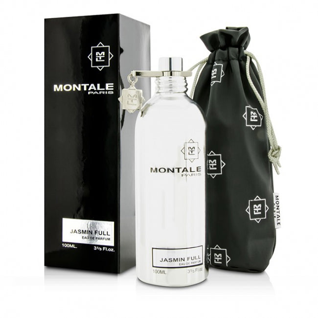 Photograph of Montale Jasmin Full Eau de Parfum featuring a sleek silver bottle with a silver logo charm and a simple white label alongside its glossy black box and a black drawstring pouch patterned with the Montale emblem on a bright white background