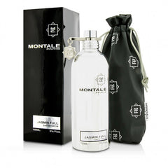Photograph of Montale Jasmin Full Eau de Parfum featuring a sleek silver bottle with a silver logo charm and a simple white label alongside its glossy black box and a black drawstring pouch patterned with the Montale emblem on a bright white background