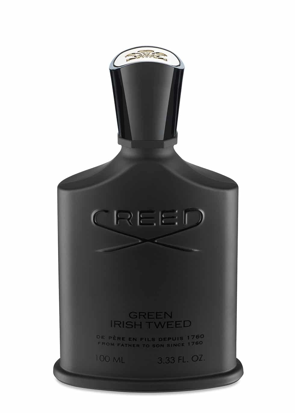 Product photograph of a Creed Green Irish Tweed fragrance bottle, featuring a matte black finish, an elegant polished black cap with a prominent gold crest, and embossed CREED branding with Green Irish Tweed text