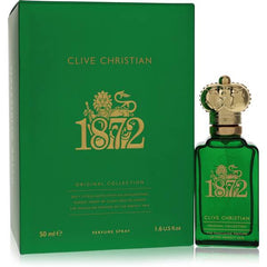 Clive Christian 1872 Original Collection masculine perfume featuring an emerald green box and matching bottle with a distinctive gold crown cap, adorned with gold 1872 numbering and a regal lion emblem, highlighting spicy citrus and woody clary sage notes