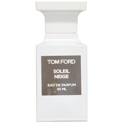 Product photography of Tom Ford Soleil Neige Eau de Parfum 50 ML in a sleek white rectangular bottle featuring a dark grey label with crisp white text