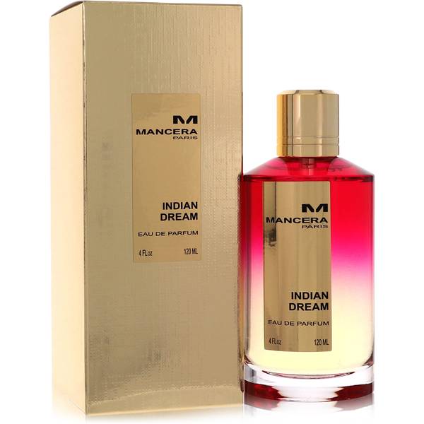 Mancera Paris Indian Dream Eau de Parfum bottle and its gold textured box featuring a vibrant red-to-pale-yellow gradient liquid and a shiny gold cap