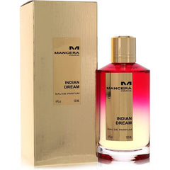 Mancera Paris Indian Dream Eau de Parfum bottle and its gold textured box featuring a vibrant red-to-pale-yellow gradient liquid and a shiny gold cap
