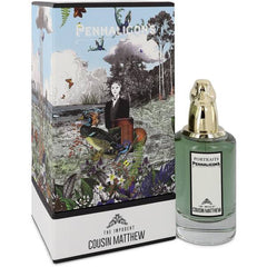 Product photography Penhaligon's The Impudent Cousin Matthew Eau de Parfum features a green bottle with a distinctive gold duck head stopper alongside its whimsical box illustrated with a dapper gentleman a colorful duck exotic birds and vibrant foliage