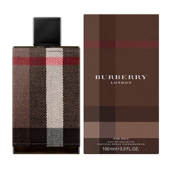 Product photography by Burberry showing a fabric-wrapped bottle of Burberry London for Men Eau de Toilette with a black cap, featuring iconic brown, red, and white plaid, beside its matching plaid box