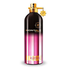 Product photography of a Montale Paris Intense Roses Musk perfume bottle, showcasing its striking black to fuchsia gradient, elegant gold cap, and unique Montale M charm
