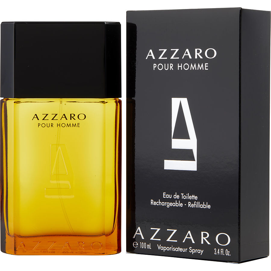 Product photography of Azzaro Pour Homme Eau de Toilette showcasing its amber-liquid filled rectangular glass bottle with a black cap, alongside its black box adorned with a white stylized '4' logo and "Rechargeable - Refillable" text, presented on a clean white background