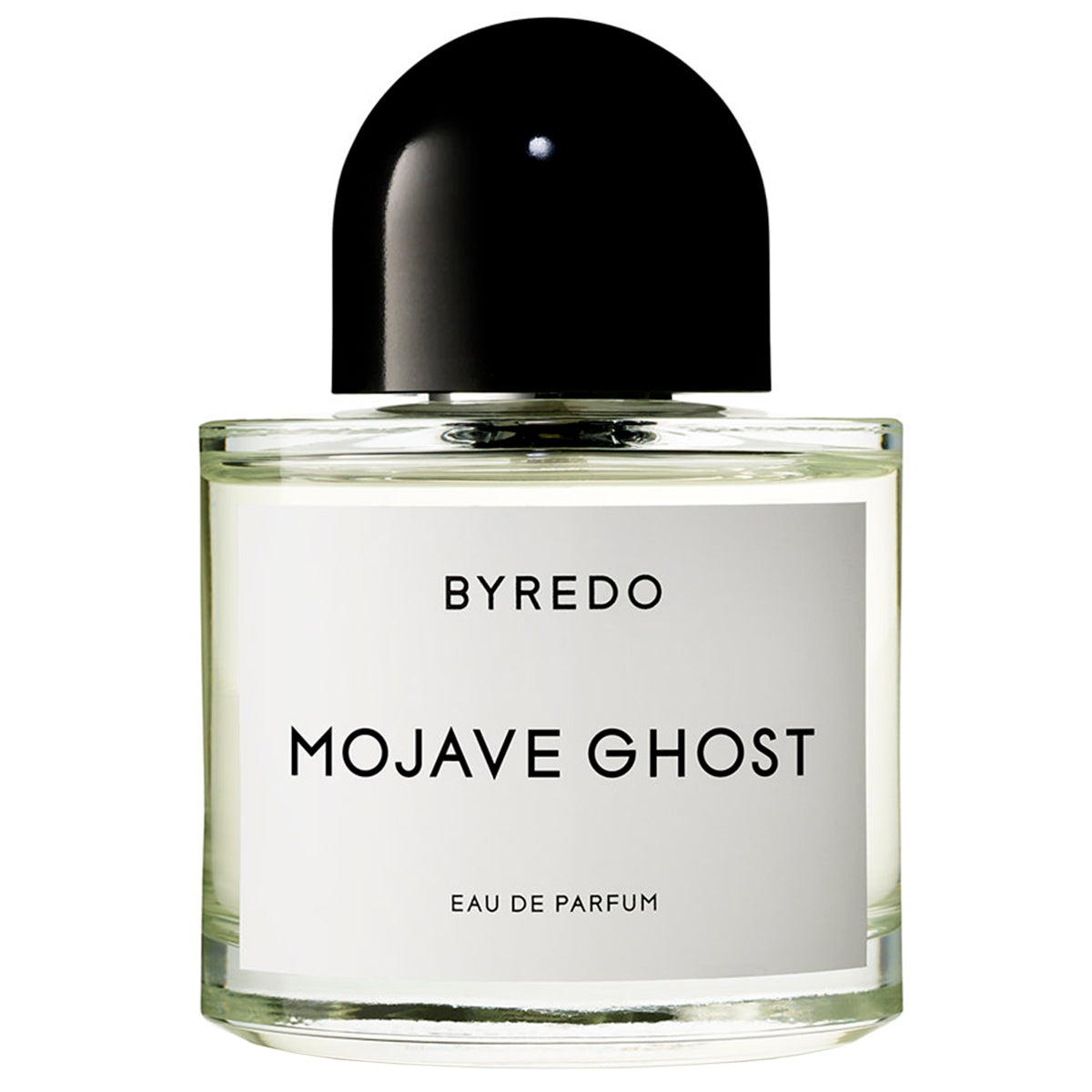 Product photography of a Byredo Mojave Ghost Eau de Parfum bottle, featuring a clear glass body, minimalist white label with black text, a glossy black domed cap, and a subtle light green liquid