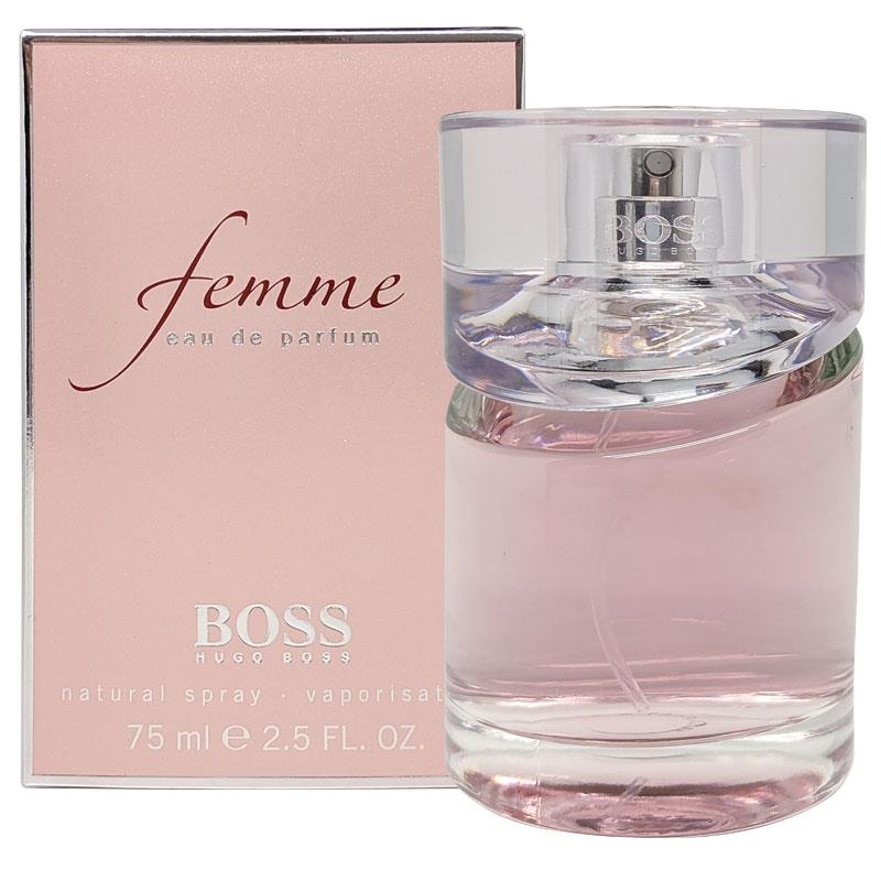 Hugo Boss Femme Eau de Parfum featuring a pastel pink box with elegant "femme" script and a clear glass bottle containing pink liquid detailed with a silver cap and BOSS branding in 75 ml 2.5 fl oz