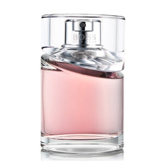 Product Photography Hugo Boss perfume bottle isolated on a white background showing pink liquid within a clear cylindrical glass bottle, featuring a transparent cap, a silver-toned sprayer with the BOSS Hugo Boss logo, and a unique curved silver detail on the bottle's shoulder with a subtle reflection