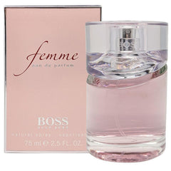 Hugo Boss Femme Eau de Parfum featuring a pastel pink box with elegant "femme" script and a clear glass bottle containing pink liquid detailed with a silver cap and BOSS branding in 75 ml 2.5 fl oz