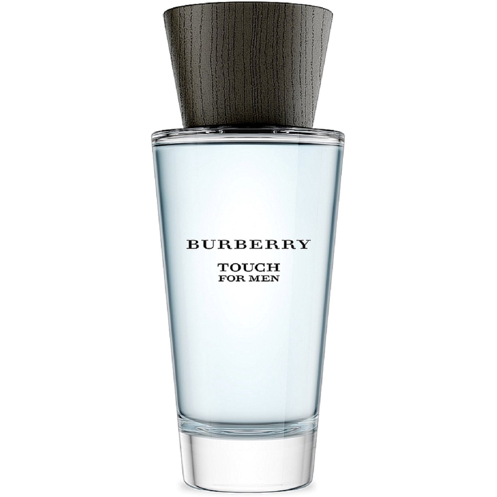 Product Photography, Burberry, a Touch For Men fragrance bottle featuring clear tapered glass, pale blue liquid, a dark textured wooden cap, and black Burberry Touch For Men text on a white studio background