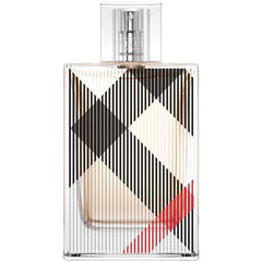 Product photograph of a Burberry Brit Eau de Parfum bottle a clear rectangular glass bottle adorned with the classic black white red and beige Burberry plaid pattern and a silver sprayer cap engraved with the brand name