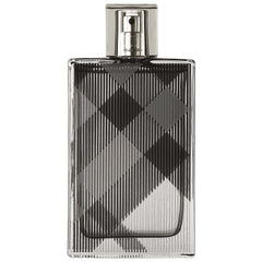 Product photography of a Burberry Brit Rhythm For Him EDT perfume bottle a clear rectangular glass bottle featuring a matte black and dark grey argyle plaid and vertical stripe pattern and a shiny silver metallic sprayer cap on a white background