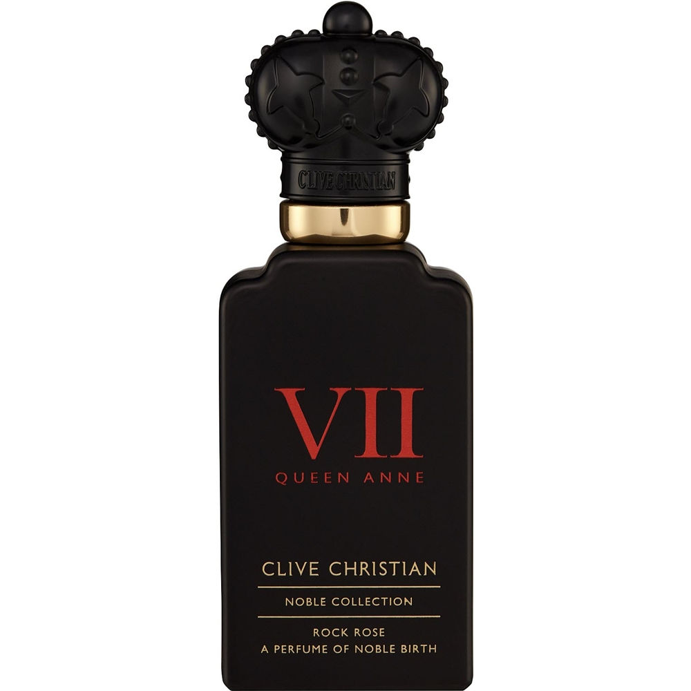 Clive Christian perfume bottle featuring a matte black finish, an elaborate black crown-shaped cap with a gold band, and bold red Roman numerals VII for Queen Anne Noble Collection Rock Rose