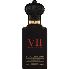 Clive Christian perfume bottle featuring a matte black finish, an elaborate black crown-shaped cap with a gold band, and bold red Roman numerals VII for Queen Anne Noble Collection Rock Rose
