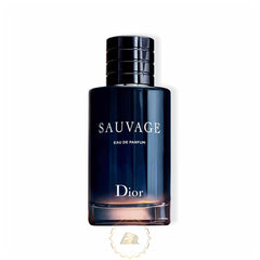 Dior digital product photograph of a Sauvage Eau de Parfum bottle with a dark blue gradient glass, ribbed black magnetic cap, silver text, and amber glow at the base on a white background