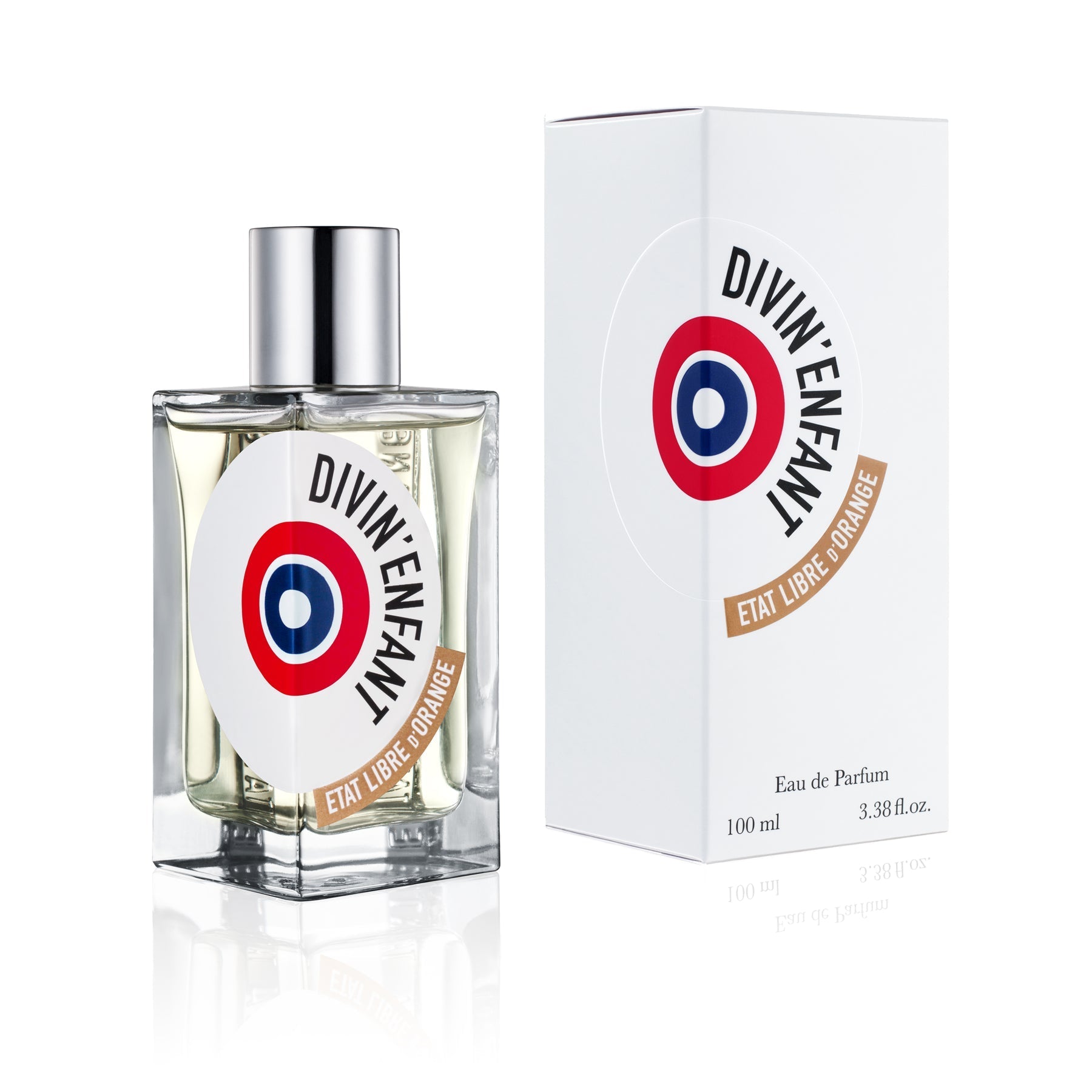 Commercial product photography of Etat Libre d'Orange Divin'Enfant perfume, showcasing a clear rectangular bottle with a silver cap and distinctive red white and blue bullseye label, presented alongside its white box indicating Eau de Parfum 100 ml 3.38 fl.oz on a reflective white background