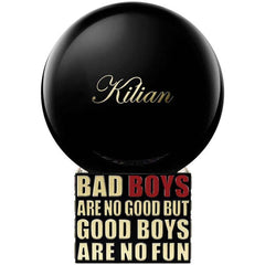 Kilian perfume bottle a sleek black spherical bottle featuring the Kilian name in elegant gold script atop a rectangular base displaying the quote BAD BOYS ARE NO GOOD BUT GOOD BOYS ARE NO FUN with BAD BOYS in red and GOOD BOYS in gold