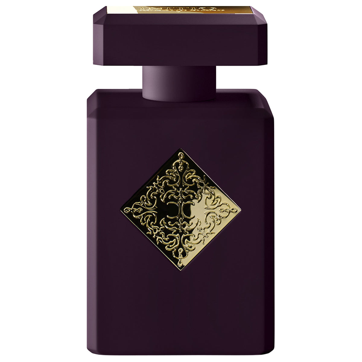 Photo of an Initio Parfums Privés fragrance bottle featuring a dark aubergine rectangular design, an ornate gold diamond-shaped emblem with intertwined patterns, and a faceted gold-edged cap